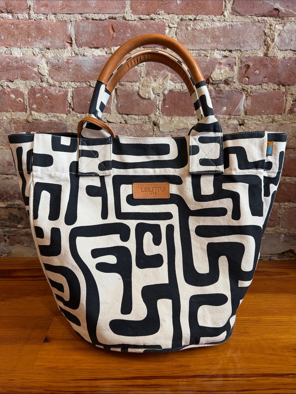 Ubuntu Black & White Canvas Tote with Brown Leather Handles w 2 smaller pouches
